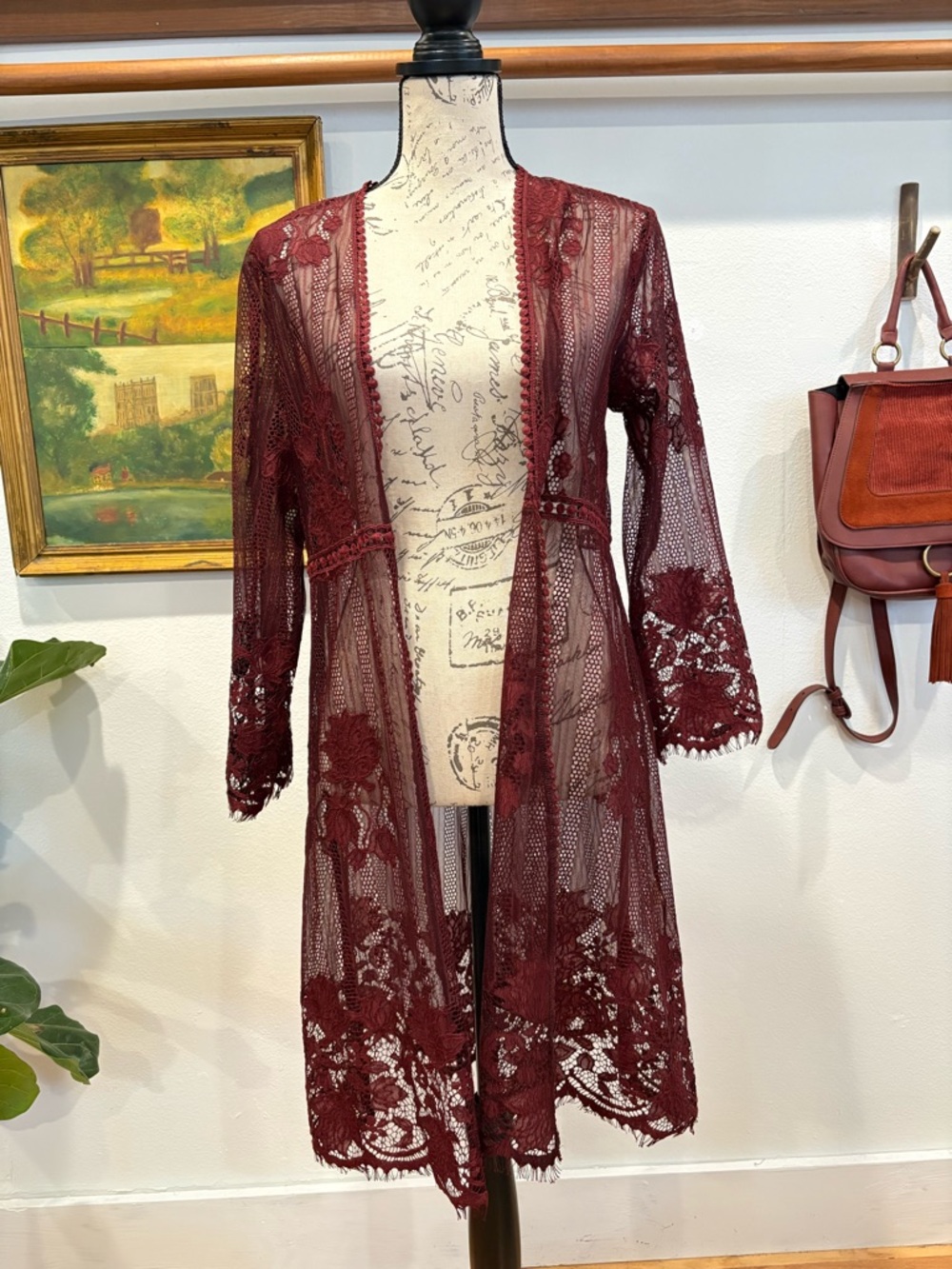 Paper Crane Burgundy Lace Sheer Boho Romantic Dustery